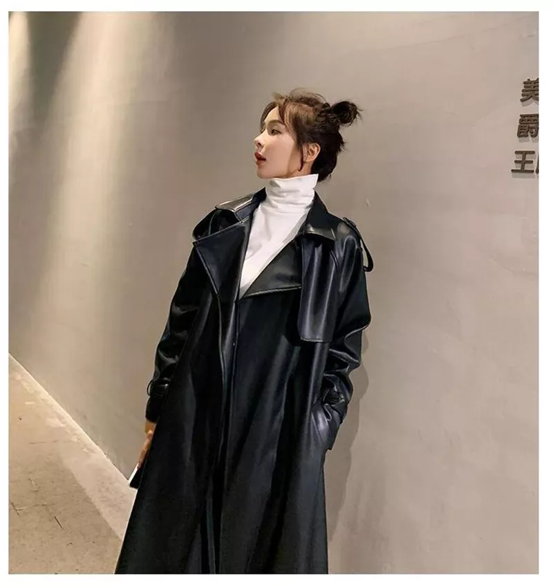 Trench Black Oversized Long Waterproof Leather Trench Coat - immagine 8
