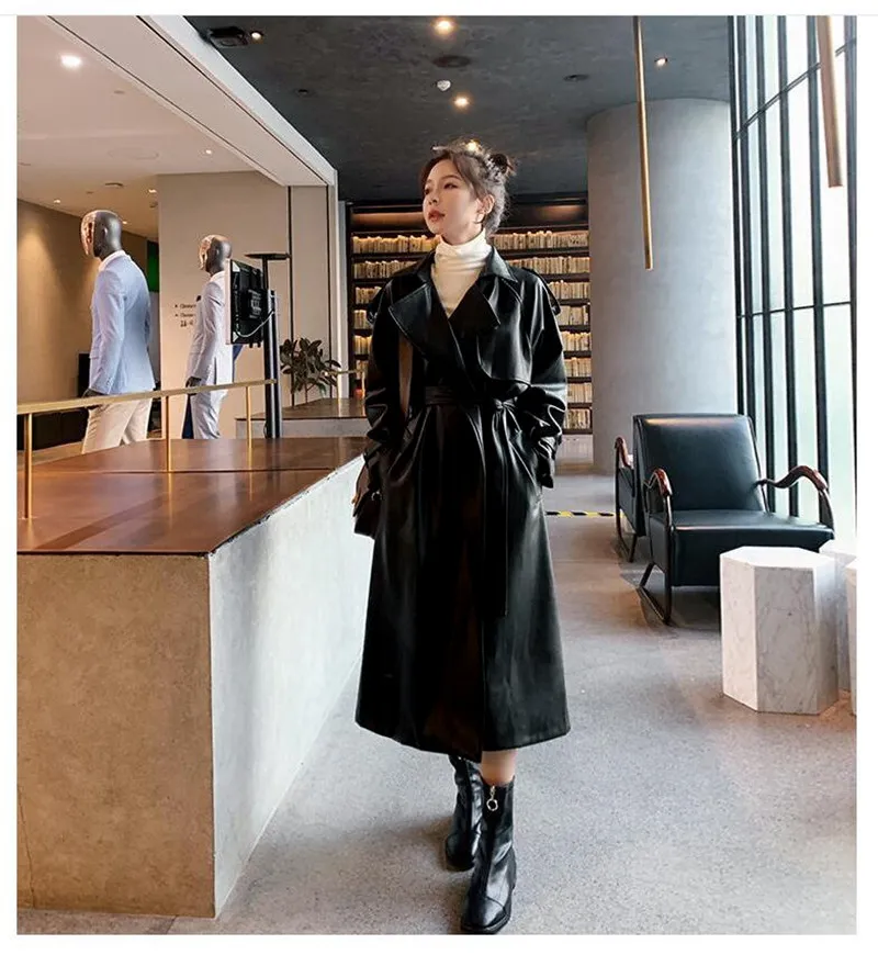 Trench Black Oversized Long Waterproof Leather Trench Coat - immagine 3