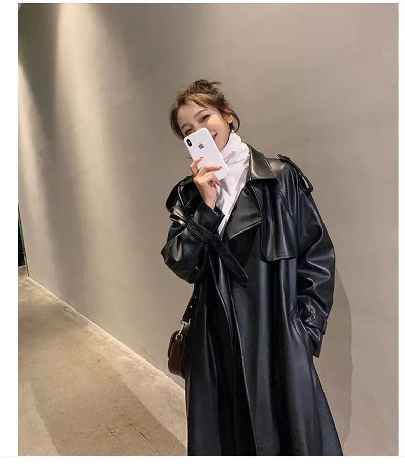 Trench Black Oversized Long Waterproof Leather Trench Coat - immagine 9