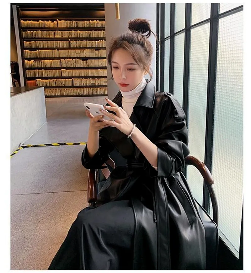 Trench Black Oversized Long Waterproof Leather Trench Coat - immagine 5