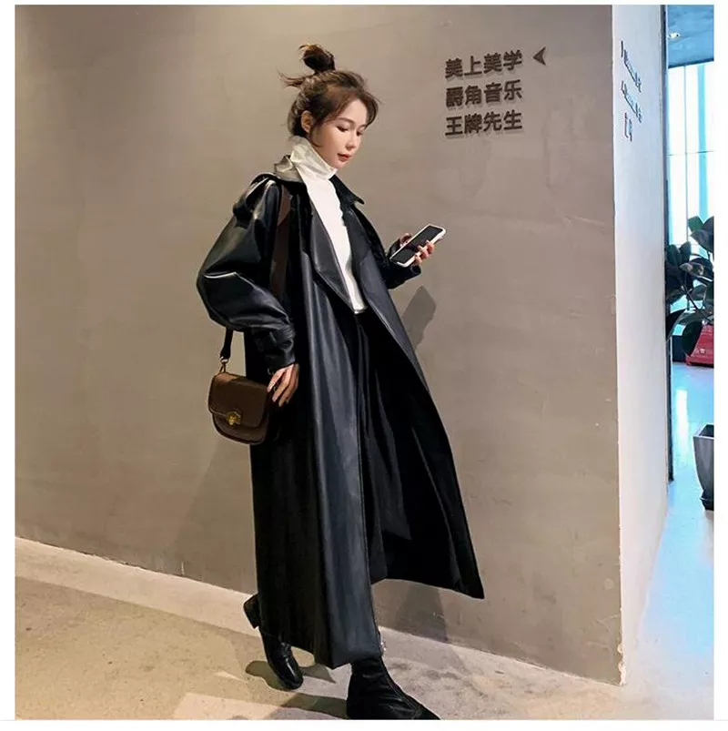 Trench Black Oversized Long Waterproof Leather Trench Coat - immagine 4