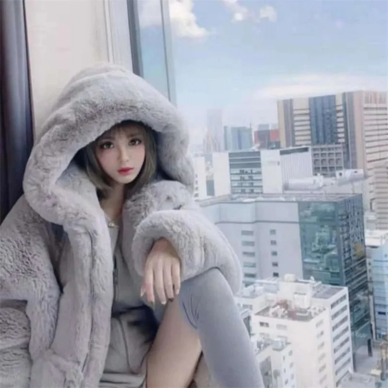 High Quality Furry Plush Rabbit Fur Coat Hooded - immagine 2