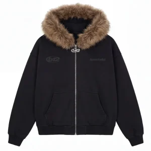 Full Zip "RUDE DIAMOND" Faux Fur Logo Black