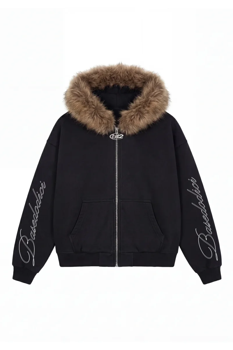 Full Zip "RUDE DIAMOND" Faux Fur Script Black - immagine 3