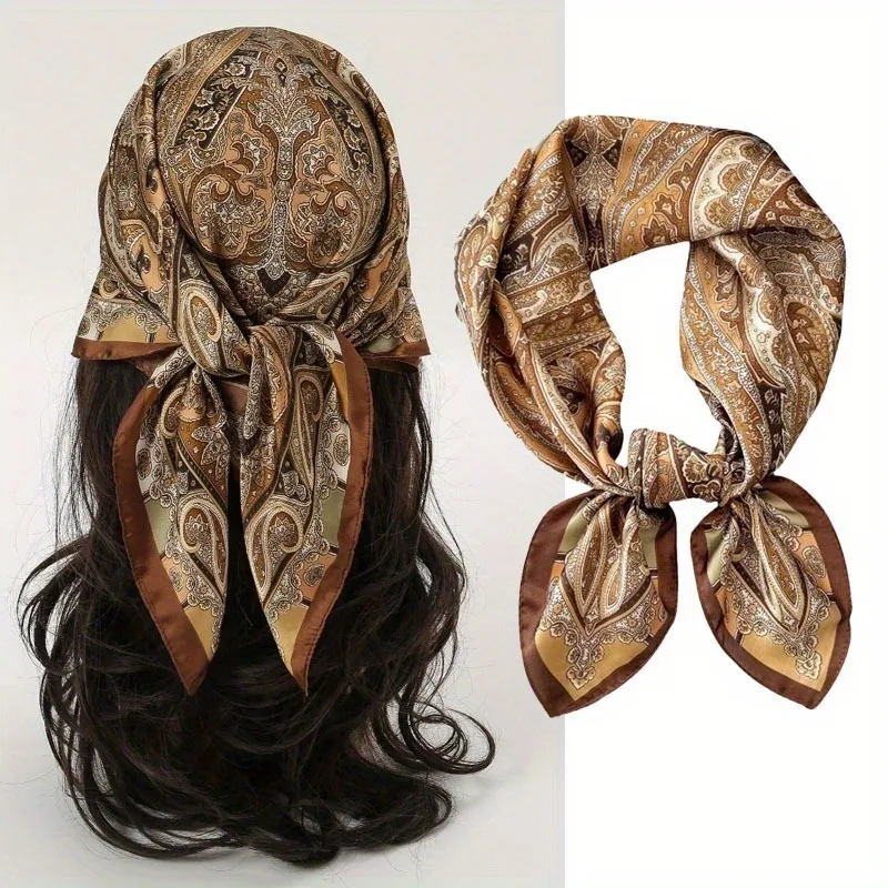 Foulard Donna Satinato Stile Vintage Beige | Sciarpa Capelli Elegante Multifunzione - immagine 3