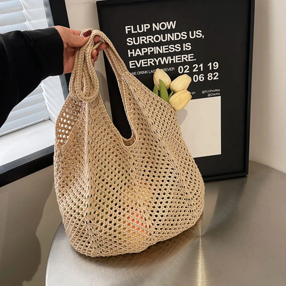 Women Knitting Shoulder Bag Large Capacity Knitting Underarm Bag Solid Crochet Tote Handbag Summer Mesh Beach Bag Hobo Bag - immagine 3