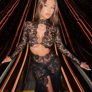 Sexy Long Sleeve Lace Hollow Out Design Long Dress