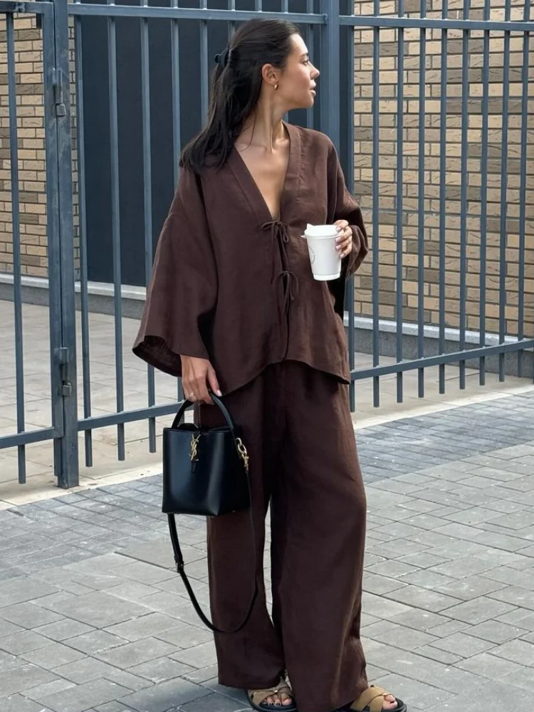 Casual Brown Cotton Linen Shirt Pants Suit - immagine 9