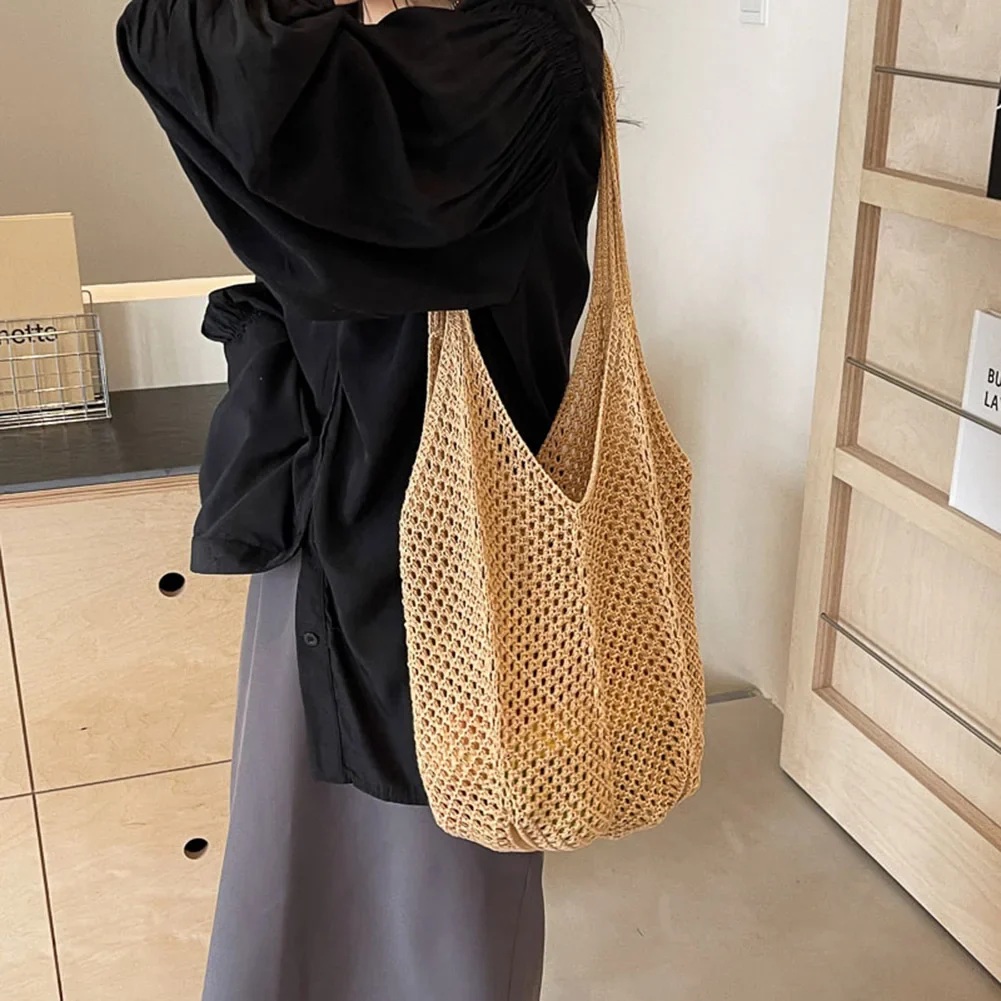 Women Knitting Shoulder Bag Large Capacity Knitting Underarm Bag Solid Crochet Tote Handbag Summer Mesh Beach Bag Hobo Bag - immagine 6