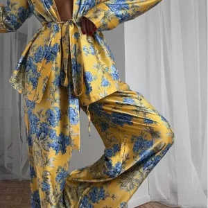 Yellow Print Womens 2 Piece Outfit Set Casual Satin Long Sleeve Lace-Up Shirts