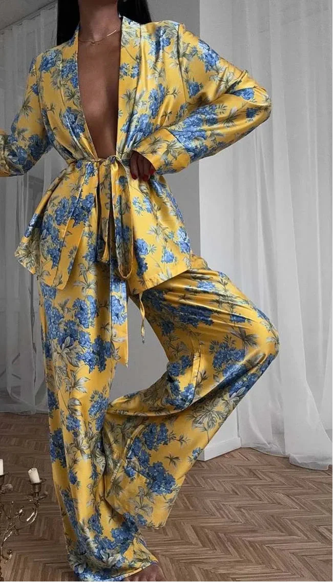 Yellow Print Womens 2 Piece Outfit Set Casual Satin Long Sleeve Lace-Up Shirts - immagine 2