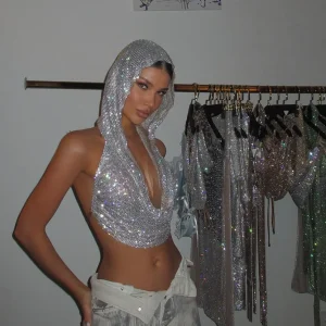 Rhinestone Fishnet Hollow Out Crop Top