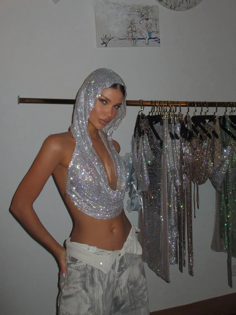 Rhinestone Fishnet Hollow Out Crop Top - immagine 2