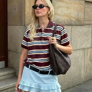 Burgundy Striped Casual Women T-shirt
