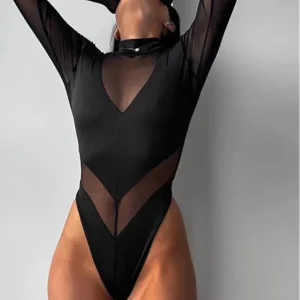 Black Patchwork Women Bodysuits