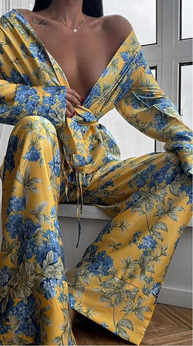 Yellow Print Womens 2 Piece Outfit Set Casual Satin Long Sleeve Lace-Up Shirts - immagine 5