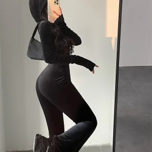 Black Velvet Slim Hooded Zipper Long Sleeve Jumpsuit