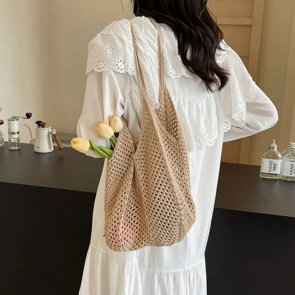 Women Knitting Shoulder Bag Large Capacity Knitting Underarm Bag Solid Crochet Tote Handbag Summer Mesh Beach Bag Hobo Bag - immagine 4