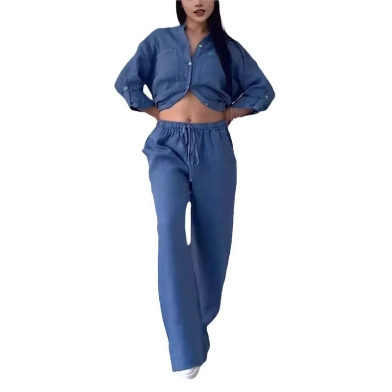 Long Sleeved Button Up Shirt Fashionable Drawstring Pants 2-piece Set - immagine 6