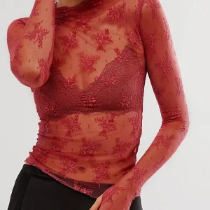 Maglia in Pizzo Trasparente Donna – Top Elasticizzato a Manica Lunga mesh