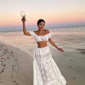 Lace Up Crop Top Skirt Sets For Women