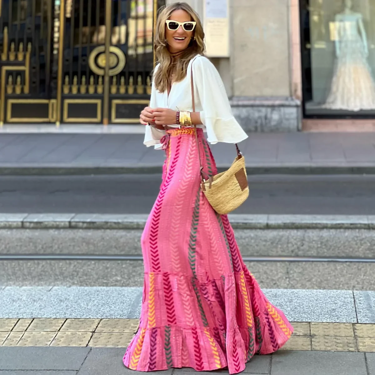 Skirt Beach Holiday Print Lace-up Skirt Casual Long Skirt - immagine 2