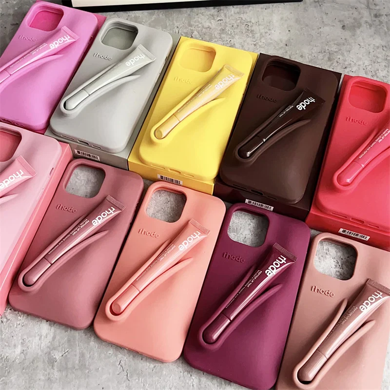 Brand RHODE Lip Gloss Case For iPhone 17 Air 16 15 14 13 12 11 Pro Max Gray Toast Espresso Ribbon Lipstick Holder Silicone Cover - immagine 2