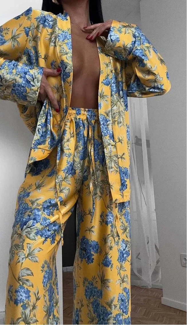 Yellow Print Womens 2 Piece Outfit Set Casual Satin Long Sleeve Lace-Up Shirts - immagine 4