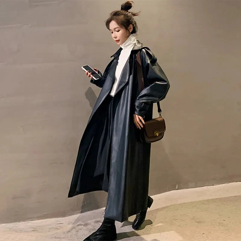 Trench Black Oversized Long Waterproof Leather Trench Coat - immagine 2