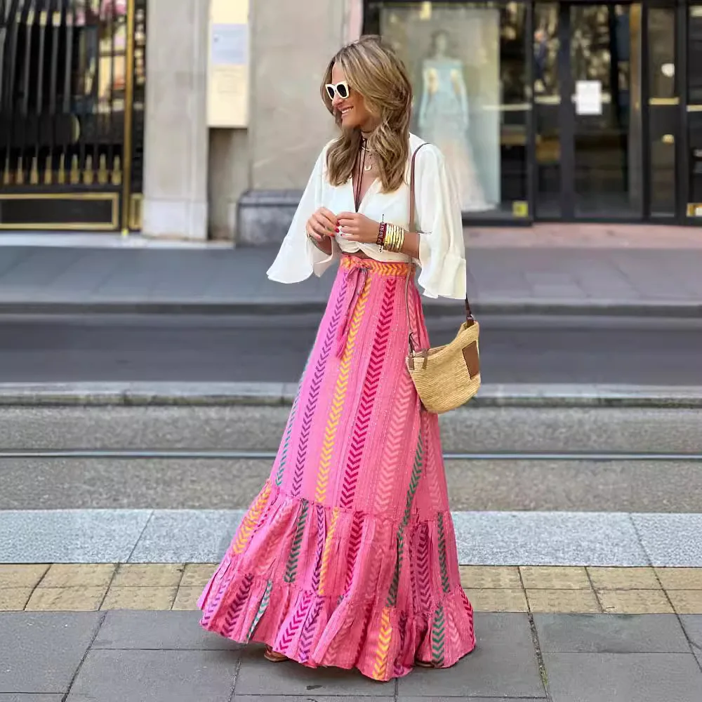 Skirt Beach Holiday Print Lace-up Skirt Casual Long Skirt - immagine 5