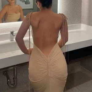 Ruched Backless Bodycon Maxi Dress