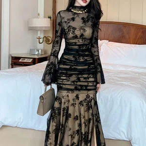 Abito lungo romantico pizzo donna