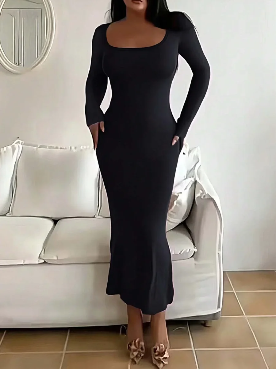 Long Dress Aderente Minimalista – Maniche Lunghe, Stile Casual Chic - immagine 4
