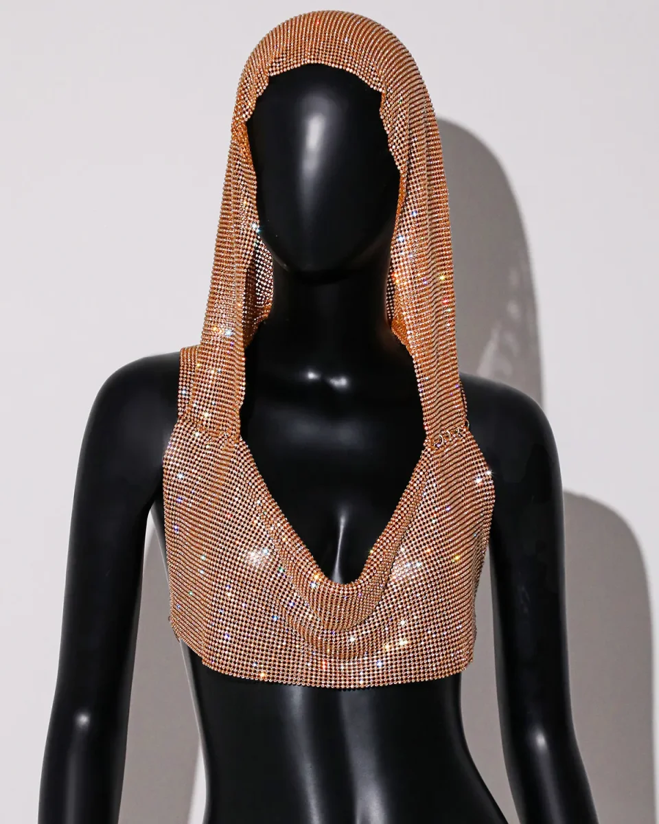 Rhinestone Fishnet Hollow Out Crop Top - immagine 7
