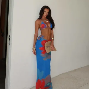 Sexy Blue Floral 3 Pieces Bikinis