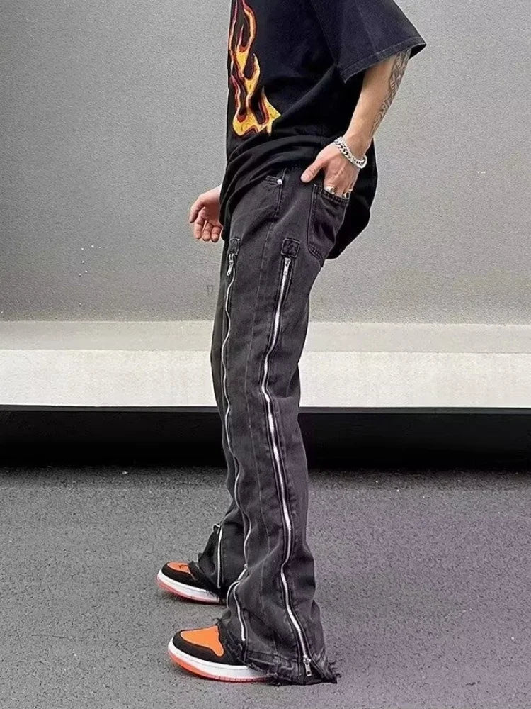 Streetwear Design con cerniera Lavato Nero Slim Jeans Pantaloni per uomo - immagine 5