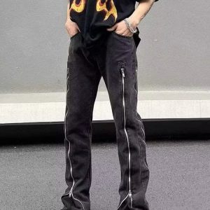 Streetwear Design con cerniera Lavato Nero Slim Jeans Pantaloni per uomo