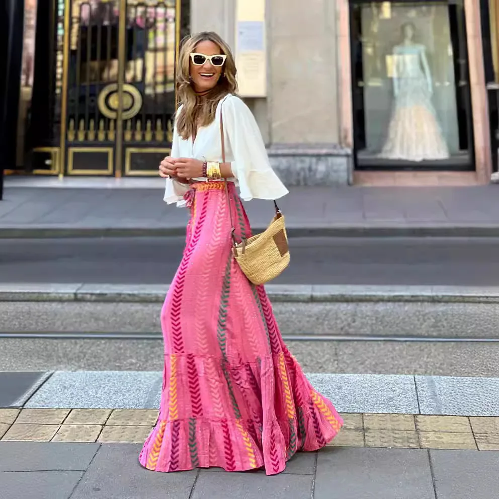 Skirt Beach Holiday Print Lace-up Skirt Casual Long Skirt - immagine 4