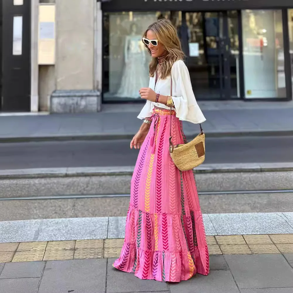 Skirt Beach Holiday Print Lace-up Skirt Casual Long Skirt - immagine 3