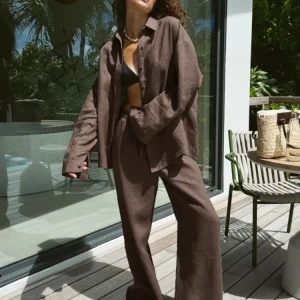 Casual Brown Cotton Linen Shirt Pants Suit