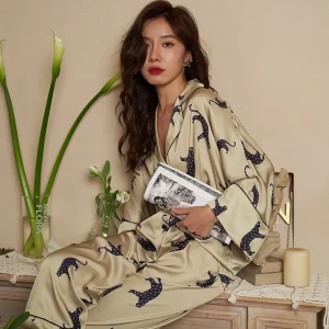 Leopard Print Bat Sleeve Ice Silk Women's Pajamas