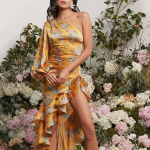 Abito lungo fiori ruffle irregolare donna