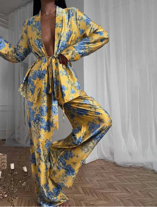 Yellow Print Womens 2 Piece Outfit Set Casual Satin Long Sleeve Lace-Up Shirts - immagine 6