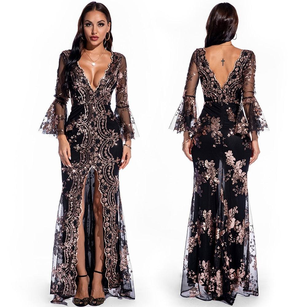 Abito lungo donna manica trombetta con spacco - immagine 3