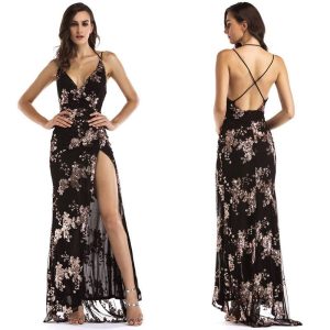 Abito lungo donna scollato floreale con spacco