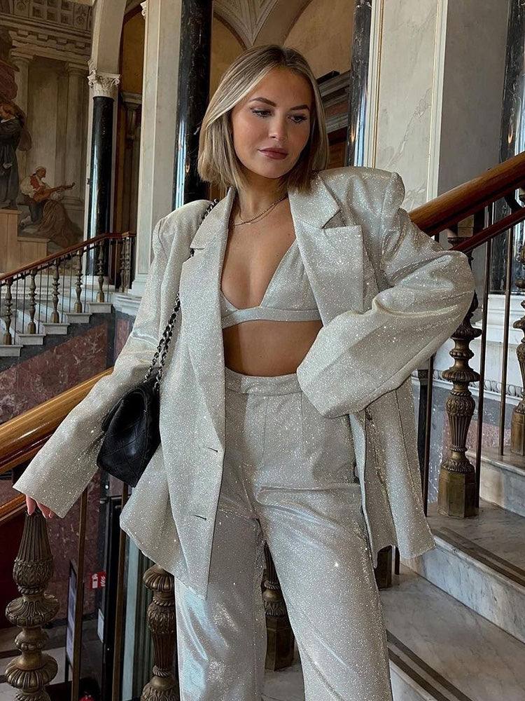 tailleur completo donna glitter giacca e pantalone con top - immagine 2