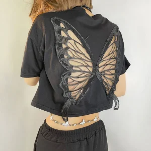 Black Lace Butterfly Belly Button Cropped T-shirt