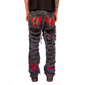 Red print ripped flare denim "Ignis" collection
